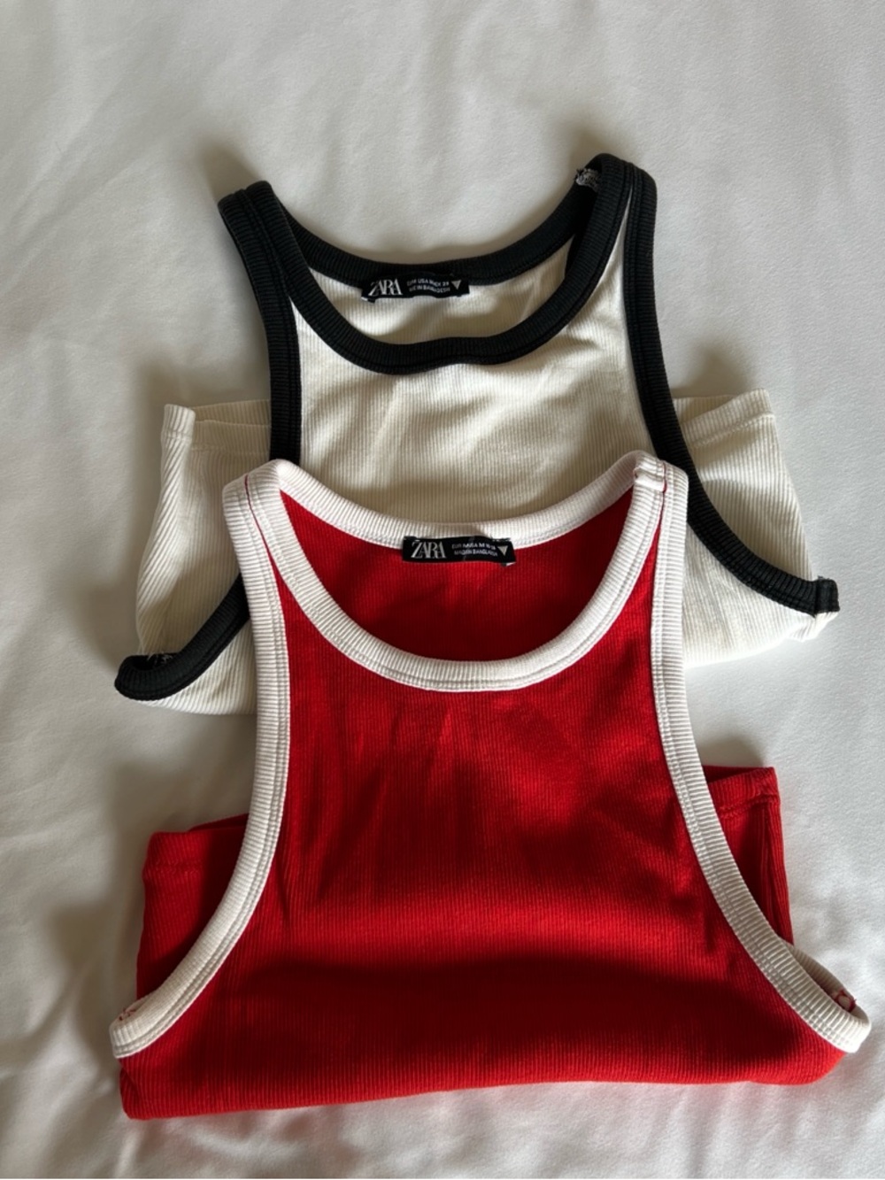 Zara White Ribbed Tank Top with Black Neck Trim